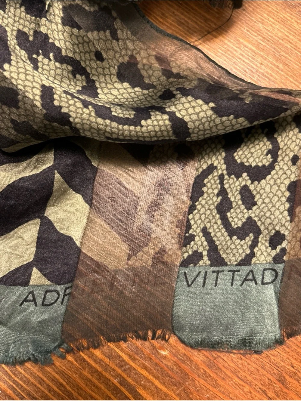 Adrienne Vittadini Black and Olive Animal Print Silk Scarf